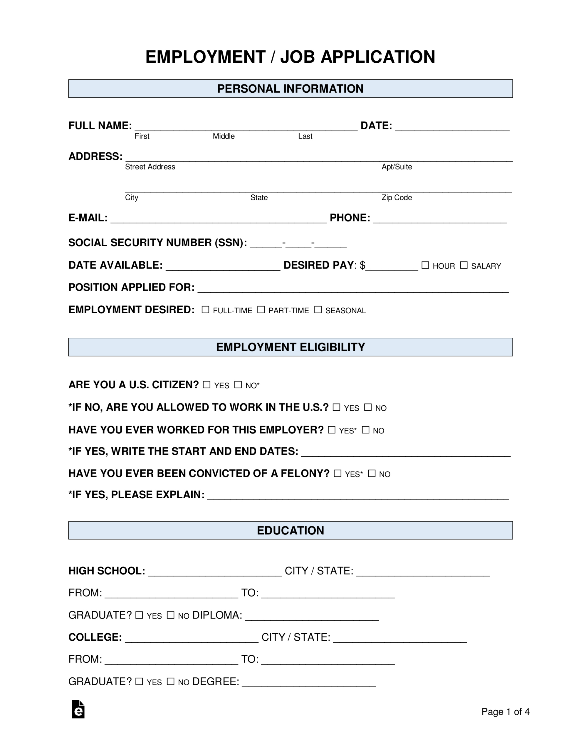 Free Job Application Forms (2) - Pdf | Word – Eforms regarding Printable Blank Job Application Form Word Document