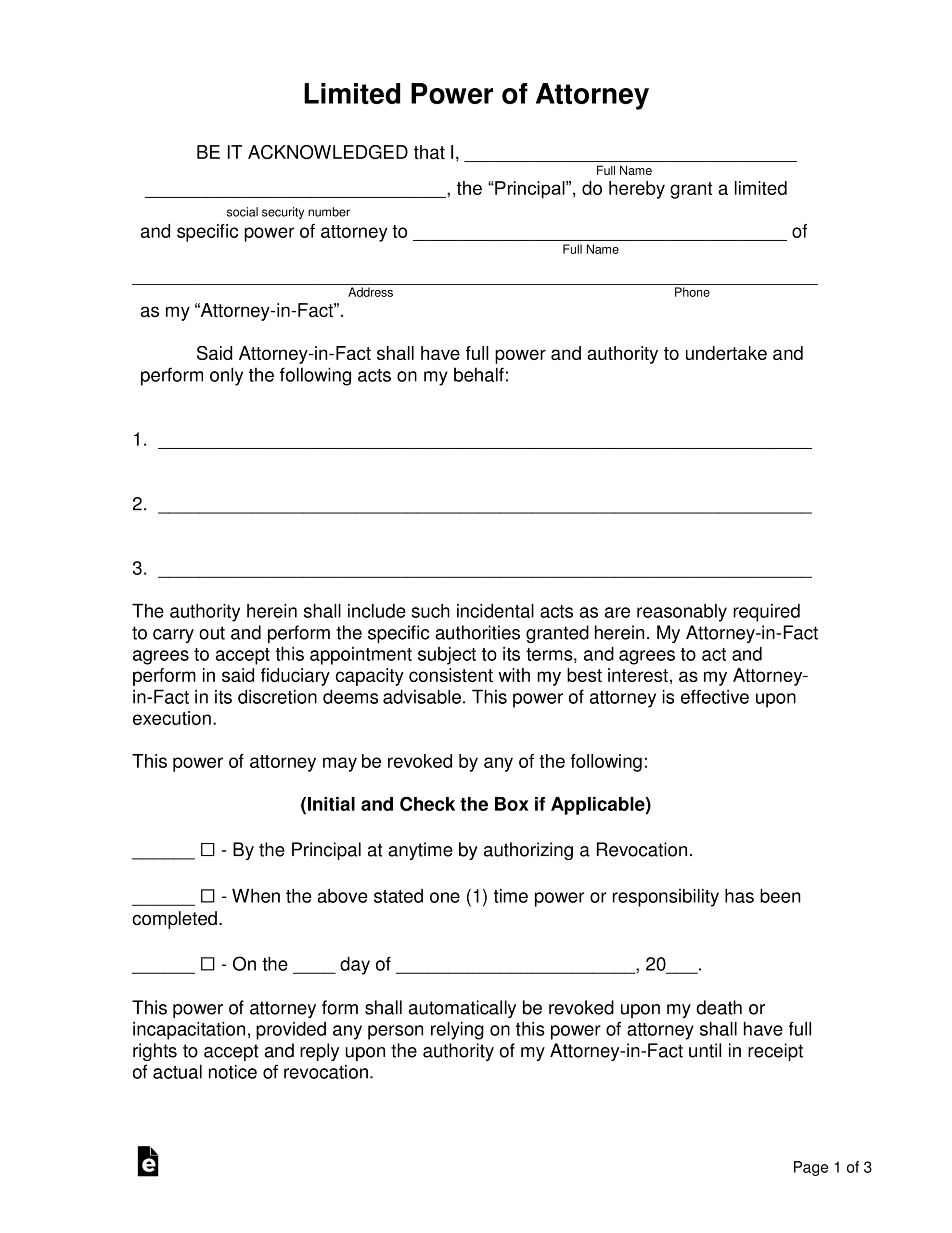 Free Limited (Special) Power Of Attorney Form - Pdf | Word – Eforms inside Free Printable Power Of Attorney