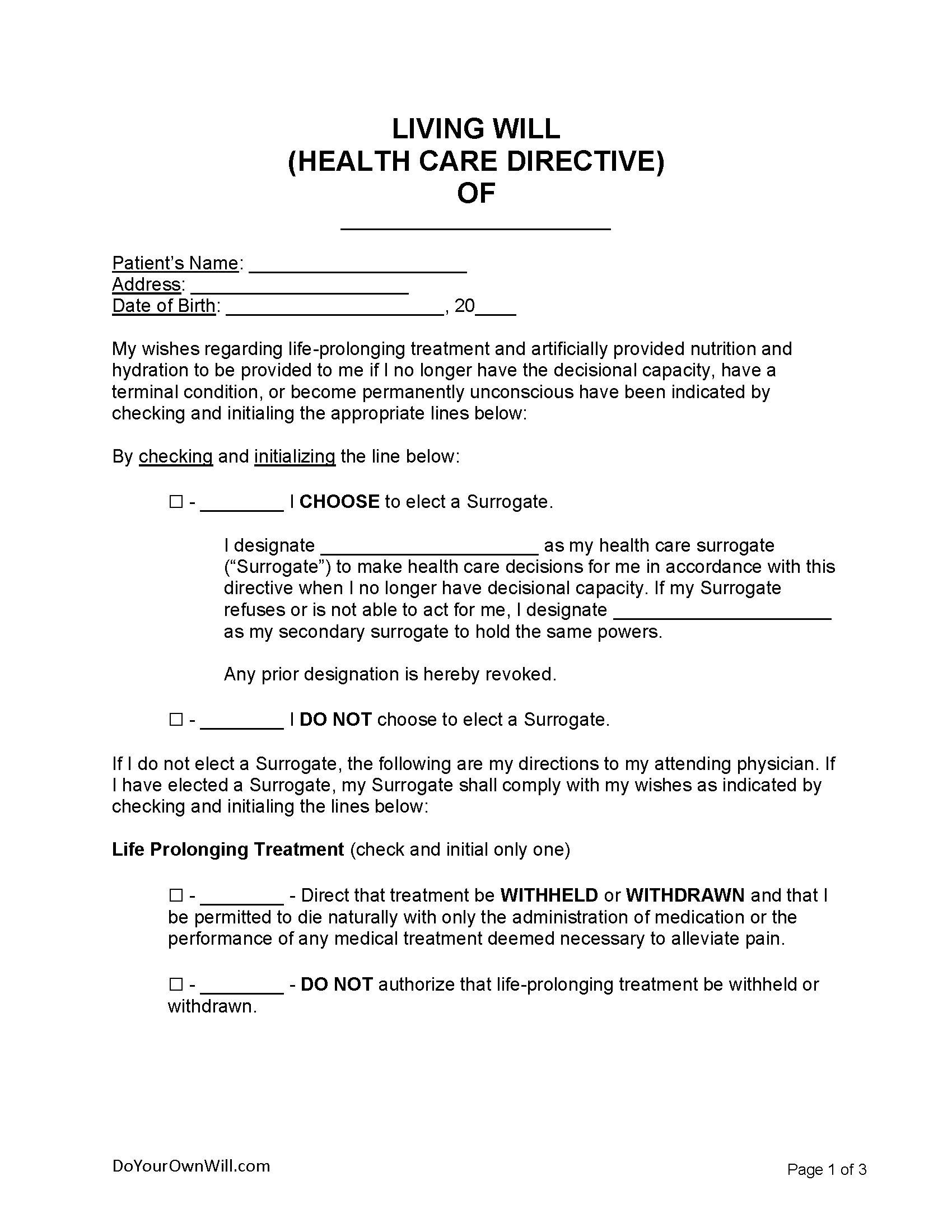 Free Living Will Form ("Health Care Directive") | Pdf | Word | Odt with Free Printable Forms For Living Wills