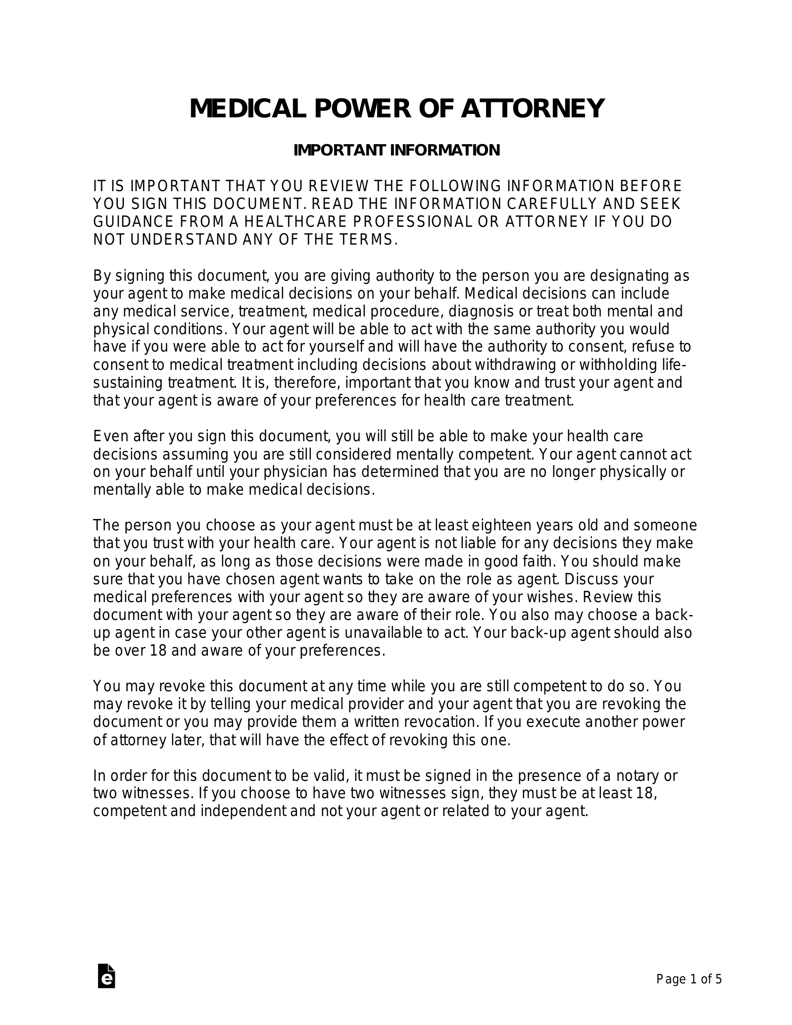 Free Medical Power Of Attorney (Mpoa) Form - Pdf | Word – Eforms intended for Medical Power of Attorney Forms Free Printable