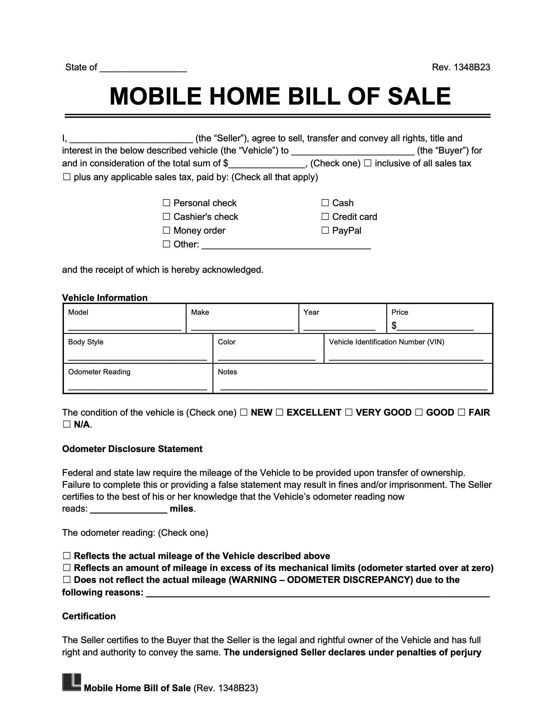 Free Mobile Home Bill Of Sale Form | Pdf & Word with Printable Mobile Home Bill of Sale