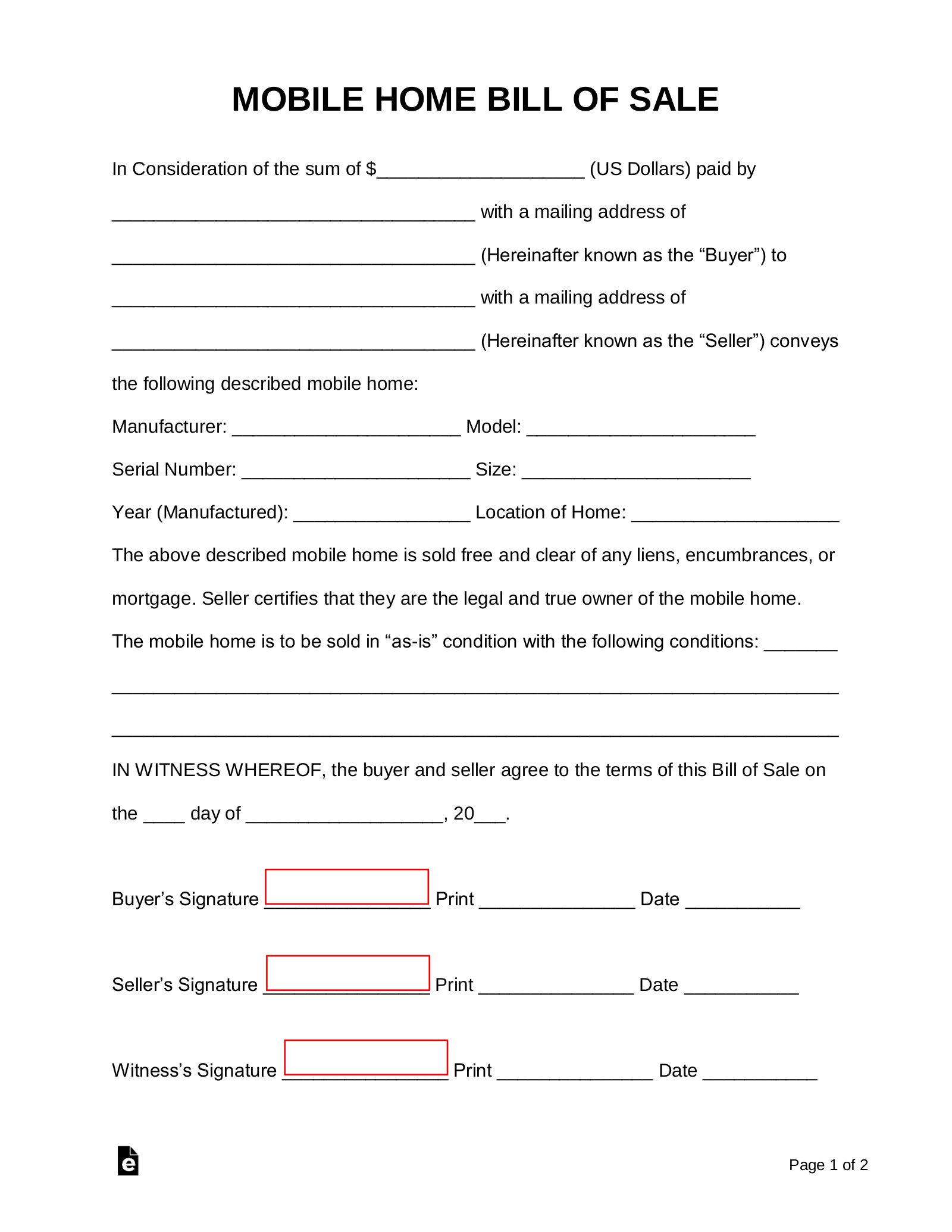 Free Mobile (Manufactured) Home Bill Of Sale Form - Pdf | Word in Printable Mobile Home Bill of Sale