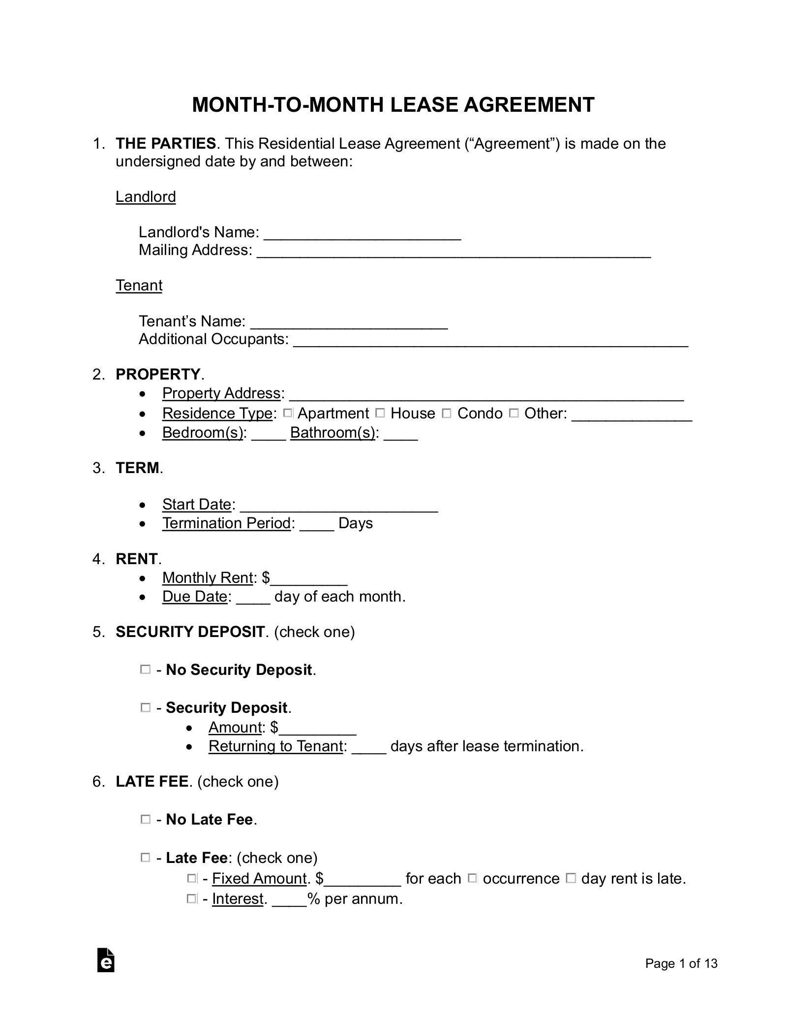 Free Month-To-Month Lease Agreement Template - Pdf | Word – Eforms inside Free Printable Month to Month Rental Agreement