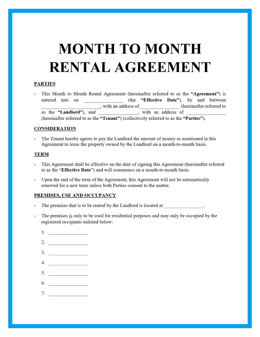 Free Month-To-Month Rental Agreements Sample in Free Printable Month to Month Rental Agreement