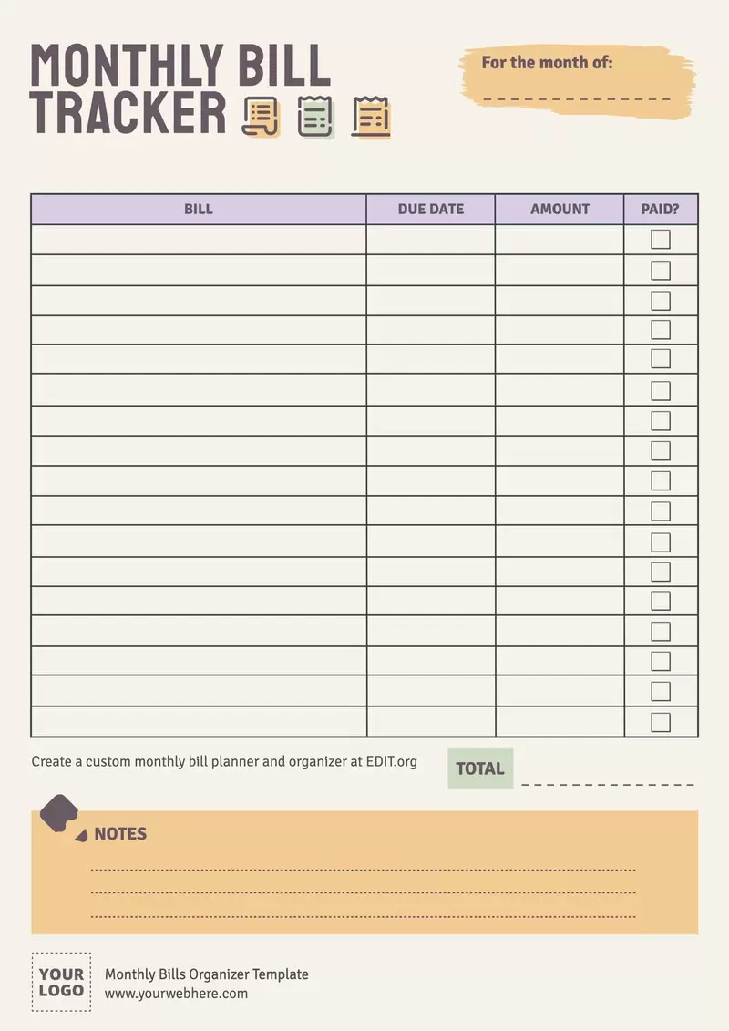 Free Monthly Bills Organizer Templates with regard to Monthly Bill Organizer Printable Free
