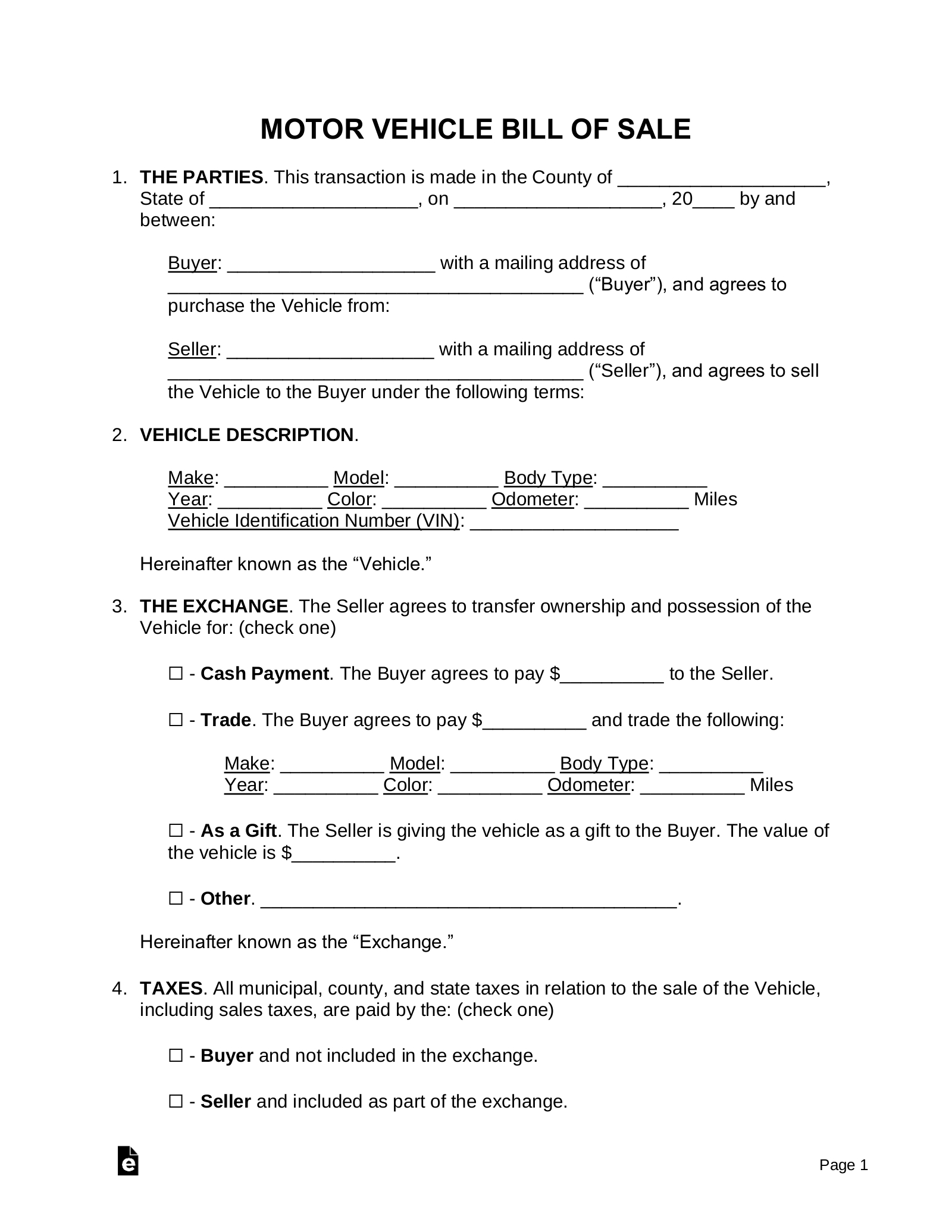 Free Motor Vehicle (Dmv) Bill Of Sale Form - Pdf | Word – Eforms in Automobile Bill of Sale Printable Form