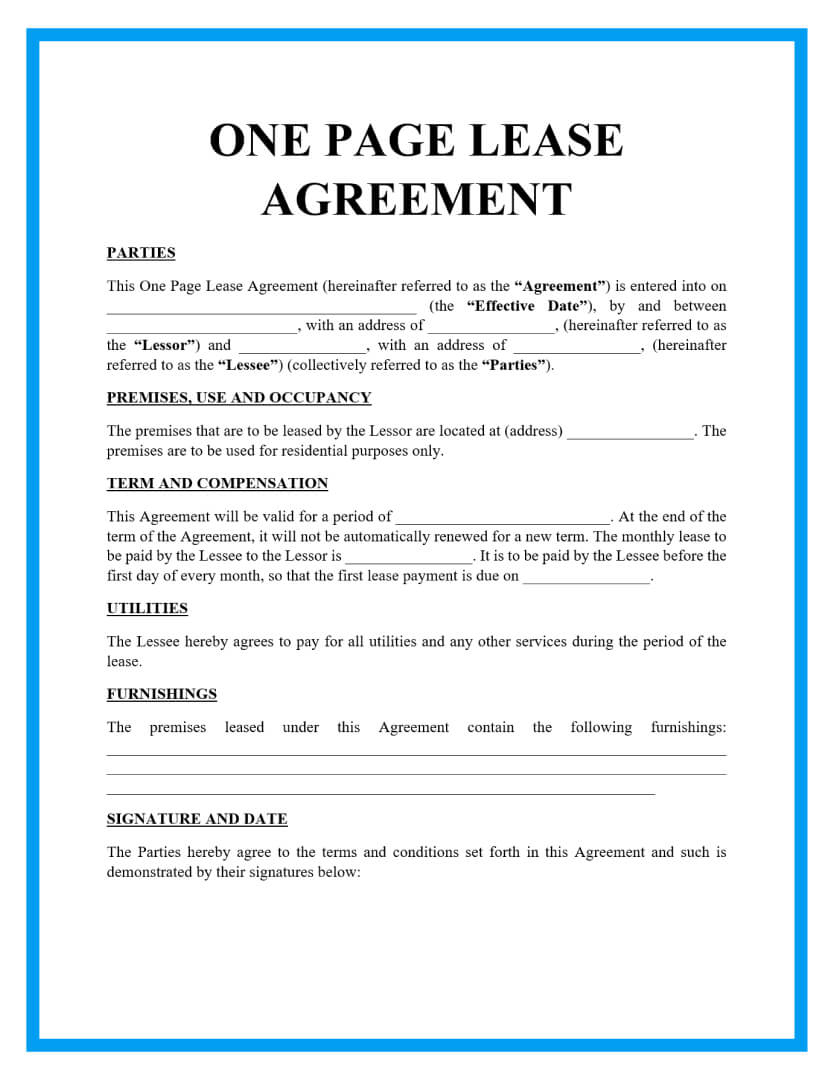 Free One Page Lease Agreement Templates intended for Free Printable Blank Lease Agreement