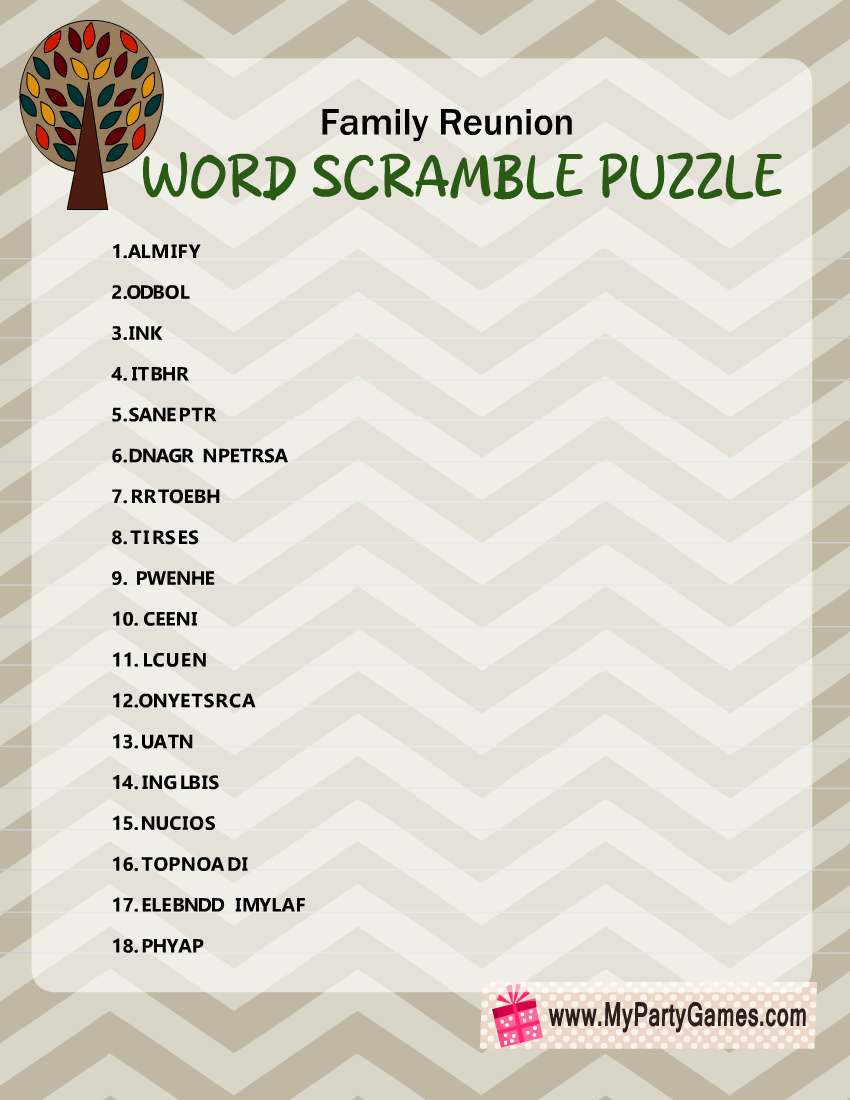 Free Printable Family Reunion Word Scramble Puzzle inside Free Printable Family Reunion Games
