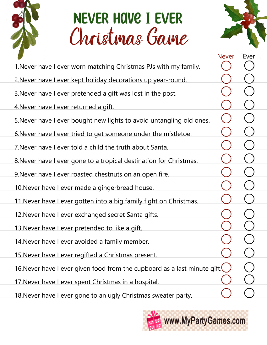 Free Printable Never Have I Ever Christmas Game For Adults for Free Printable Adult Christmas Games