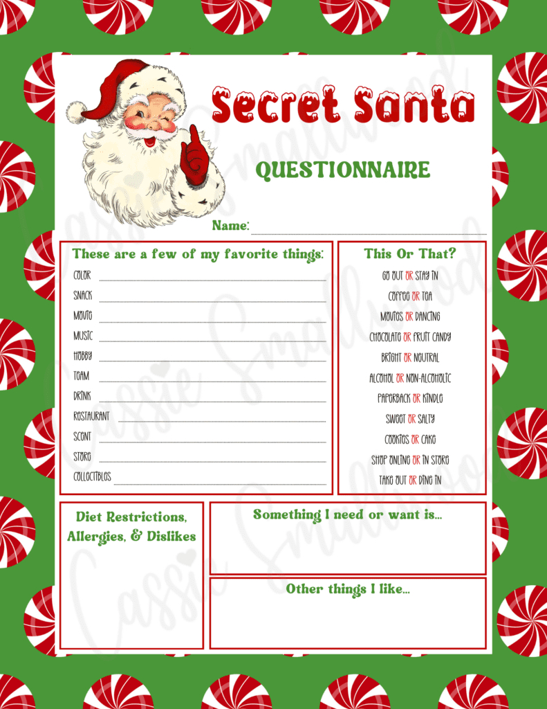 Free Printable Secret Santa Questionnaire Templates - Cassie Smallwood in Free Printable Secret Santa Wishlist