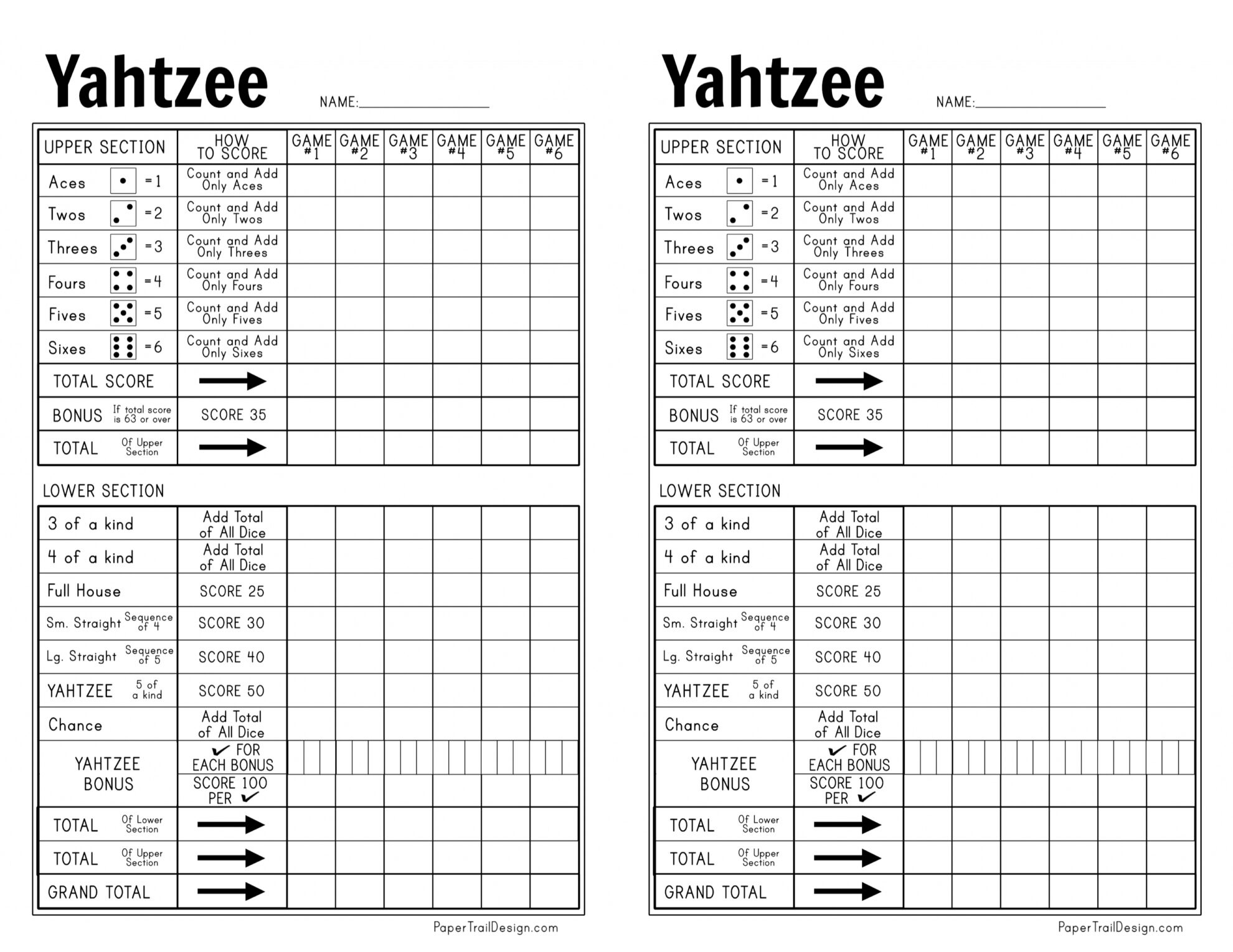 Free Printable Yahtzee Score Card - Paper Trail Design with regard to Yahtzee Score Sheet Free Printable