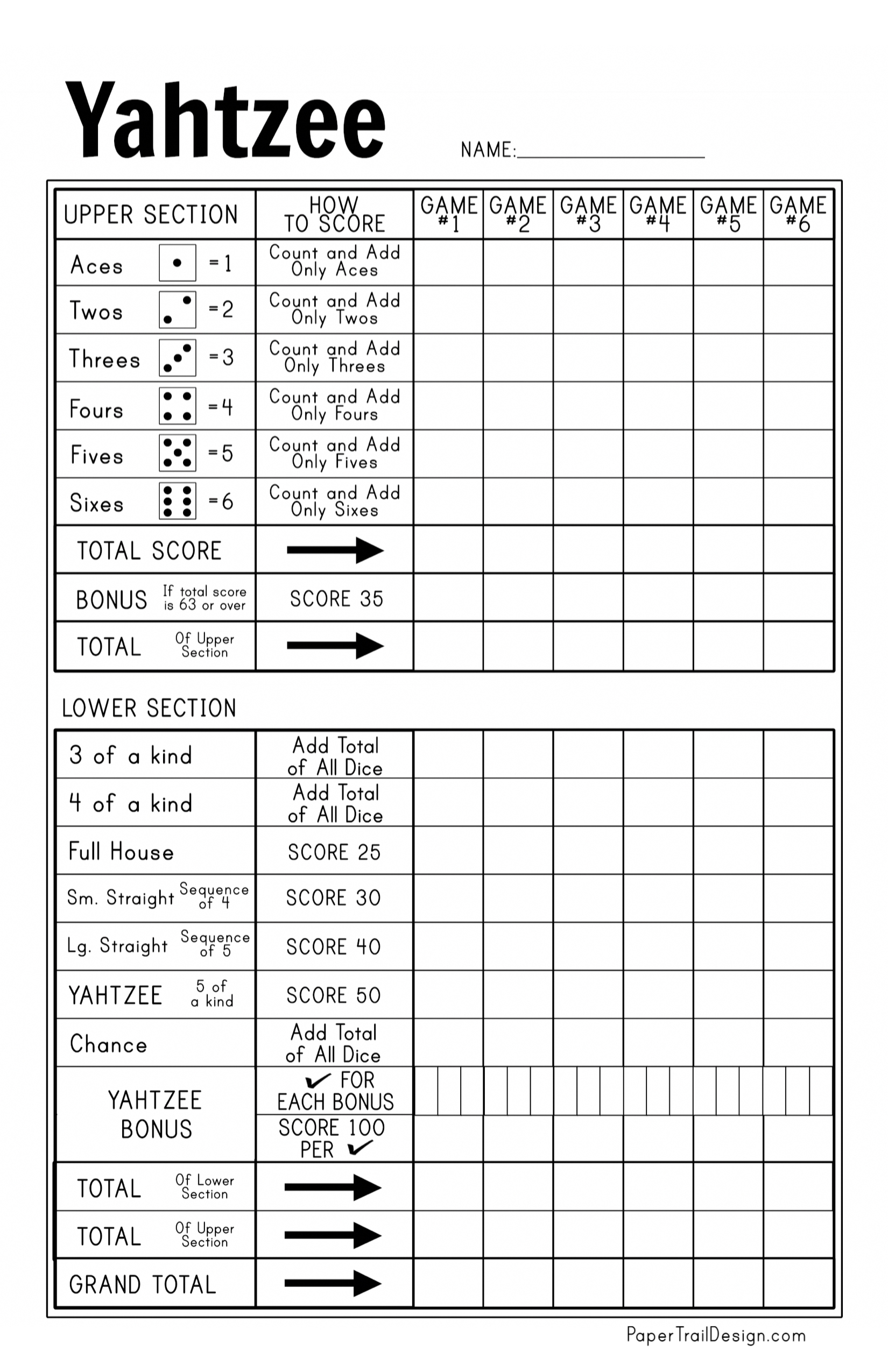 Free Printable Yahtzee Score Card - Paper Trail Design with Yahtzee Score Sheet Free Printable