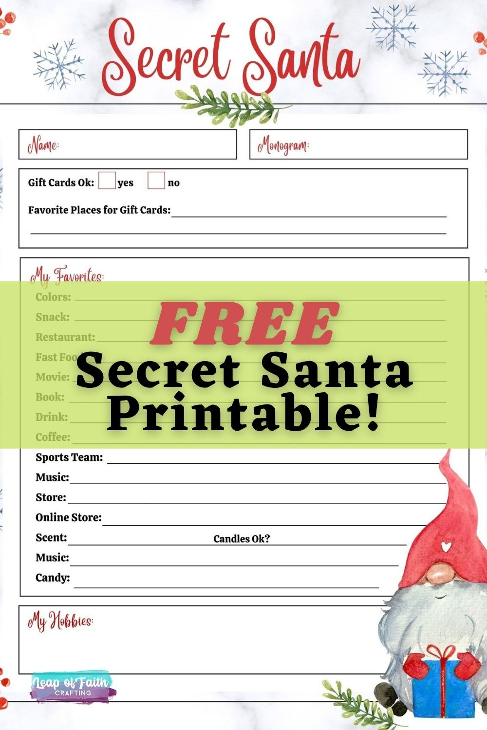 Free Secret Santa List Printable Questionnaire: 2 Options! - Leap in Free Printable Secret Santa List