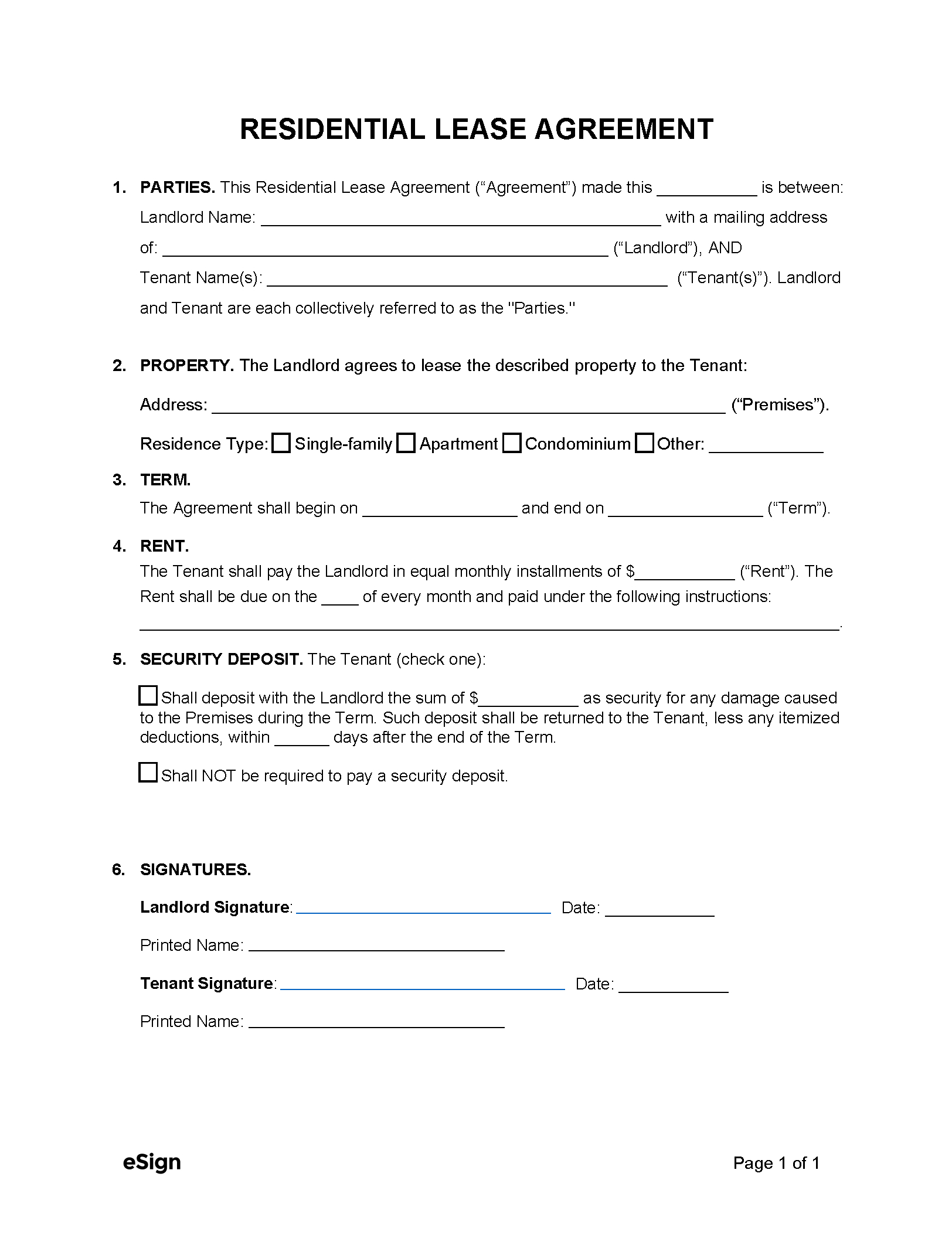 Free Simple (1-Page) Lease Agreement Template | Pdf | Word with regard to Free Printable Blank Lease Agreement
