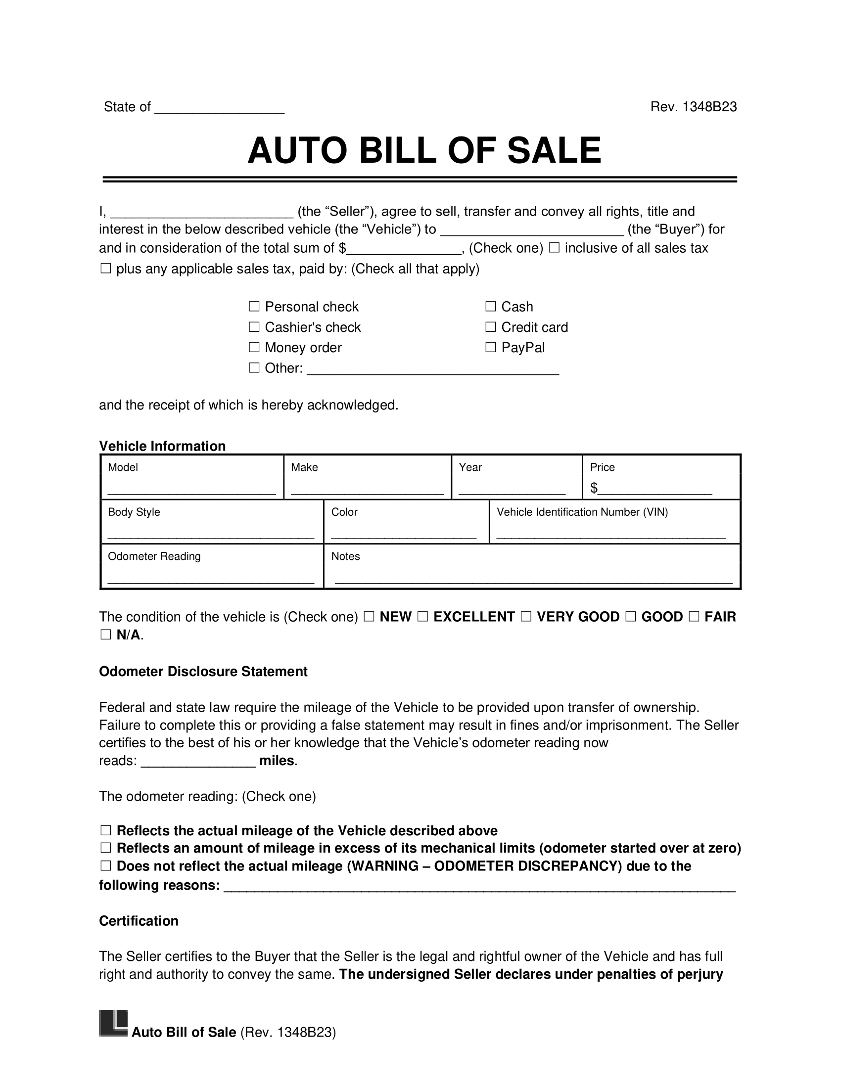Free Vehicle Bill Of Sale Template | Pdf & Word intended for Automobile Bill of Sale Printable Form