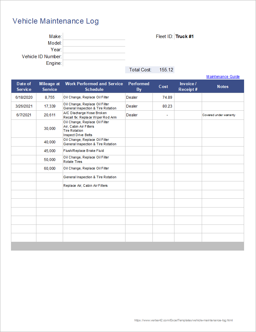 Free Vehicle Maintenance Log Template For Excel within Vehicle Maintenance Log Free Printable