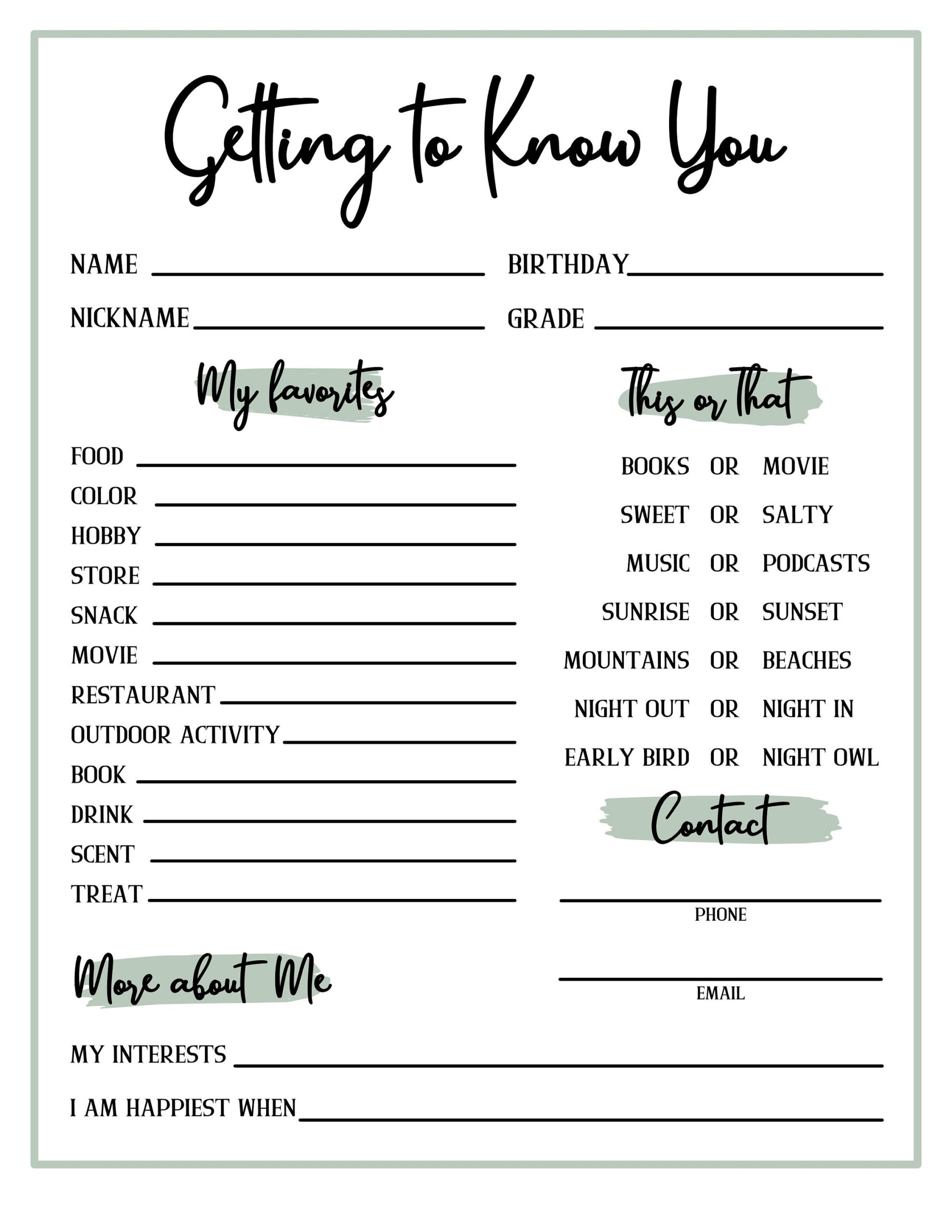 Get To Know You, Getting To Know You Page, Get To Know You throughout Getting to Know You Printables