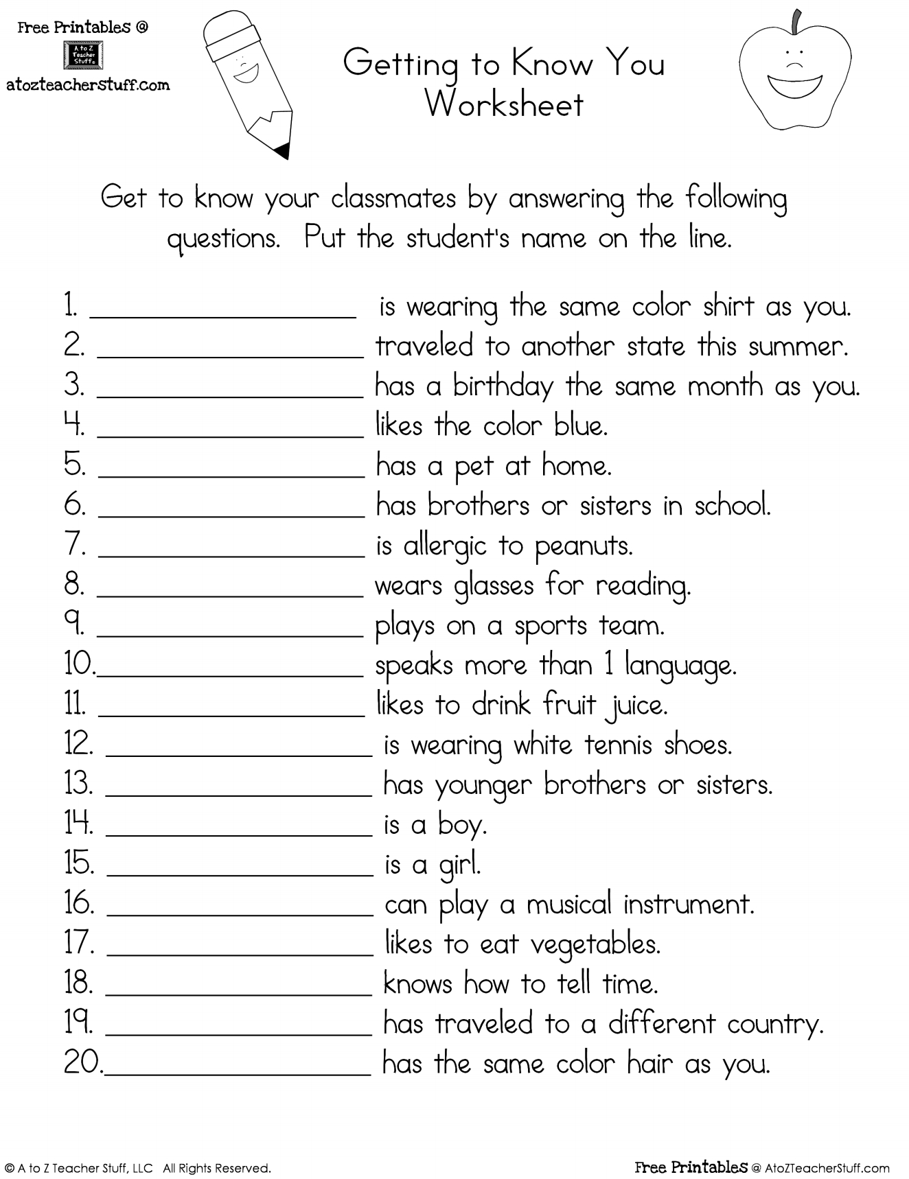 Getting To Know You Worksheet | A To Z Teacher Stuff Printable regarding Getting to Know You Printables