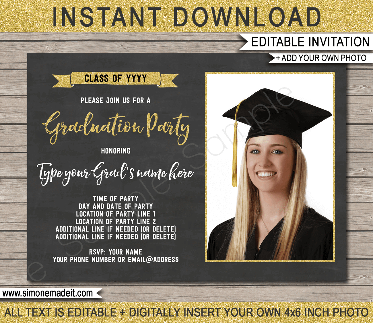 Graduation Photo Invitations Template - Gold Glitter & Chalkboard intended for Free Printable Graduation Invitation Templates