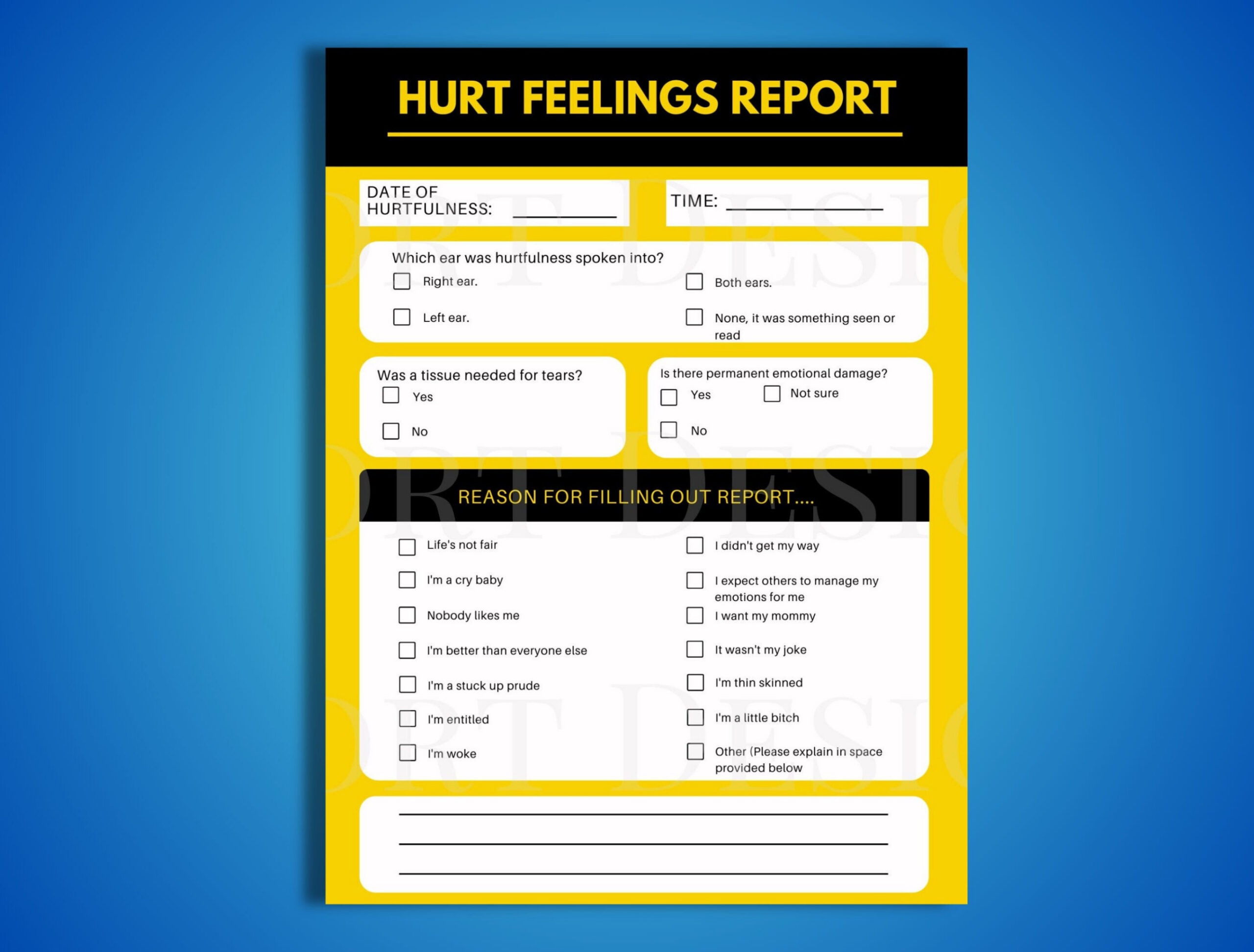 Hurt Feeling Report Full Color Pdf Printable Lustiges Büro Streich within Hurt Feelings Report Funny Printable