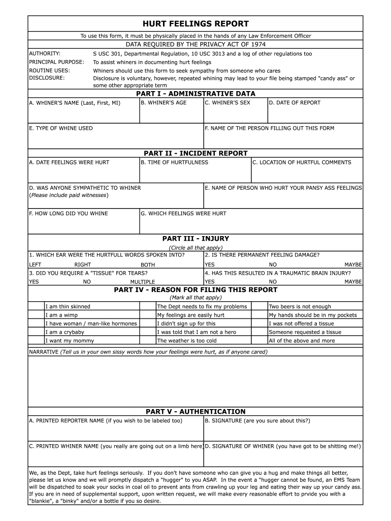 Hurt Feelings Report Form - Fill Online, Printable, Fillable pertaining to Hurt Feelings Report Funny Printable