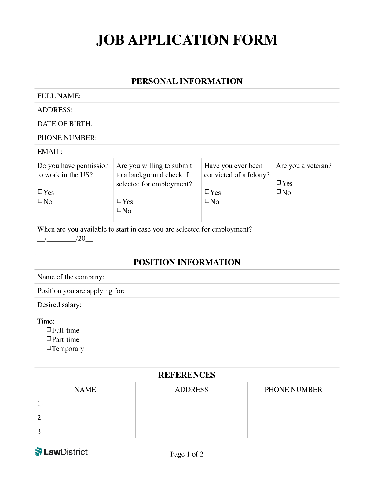 Job Application Form | Free Simple Pdf Template | Lawdistrict throughout Printable Job Application Template Free