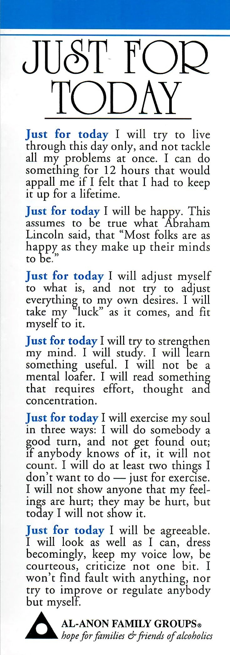 Just For Today, Al-Anon Bookmark M-12 with Just For Tonight Al Anon Printable