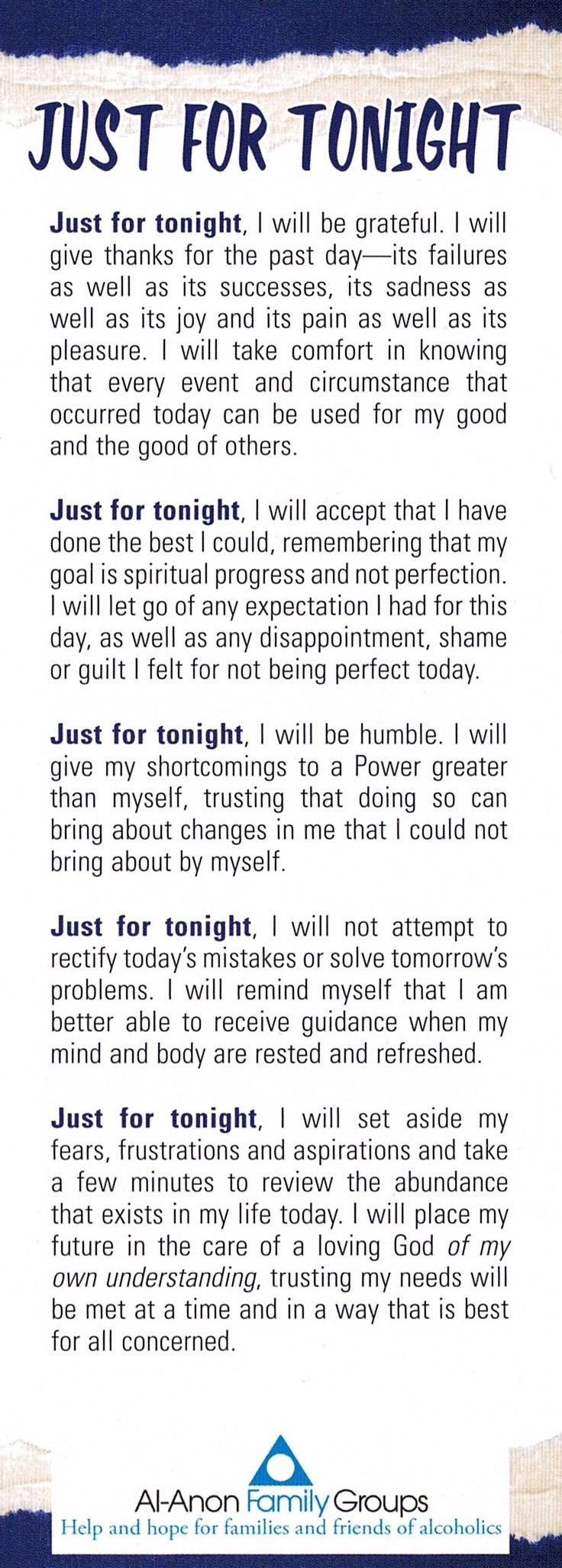 Just For Tonight – Bookmark – Al-Anon Of Greater Los Angeles within Just For Tonight Al Anon Printable