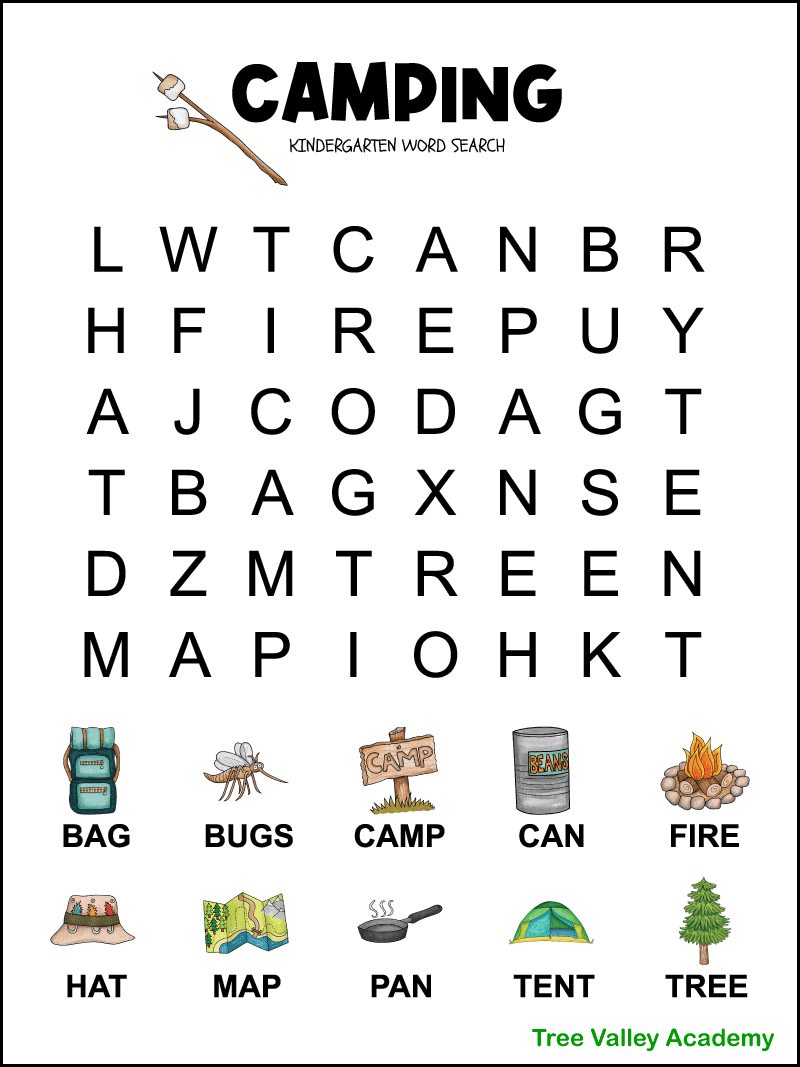 Kindergarten Camping Word Search - Tree Valley Academy for Kindergarten Word Search Free Printable