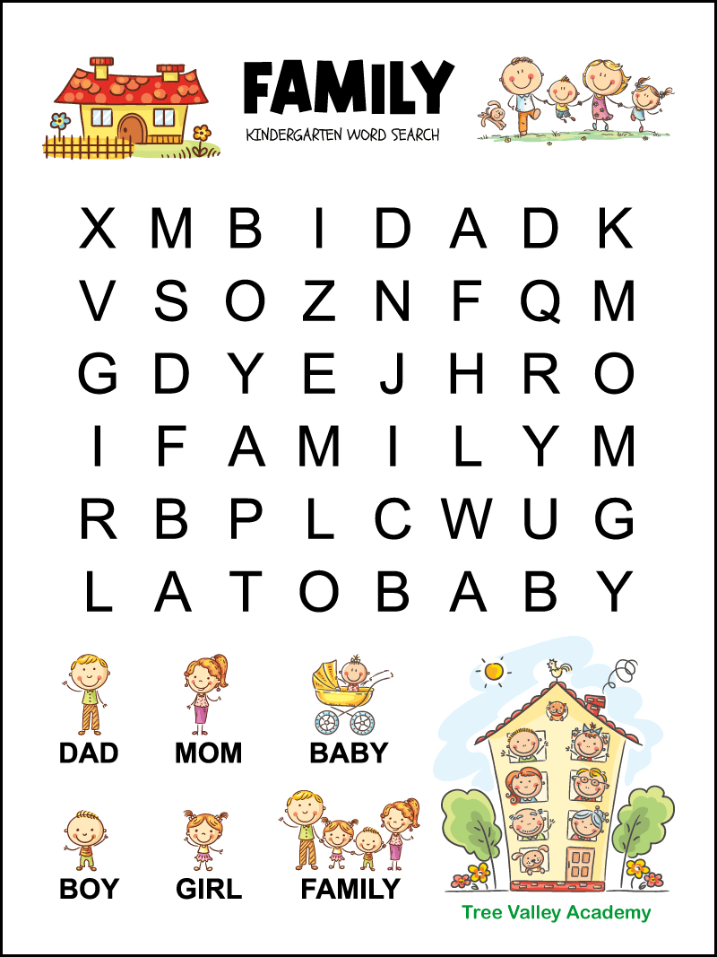 Kindergarten Family Word Search - Tree Valley Academy with Kindergarten Word Search Free Printable
