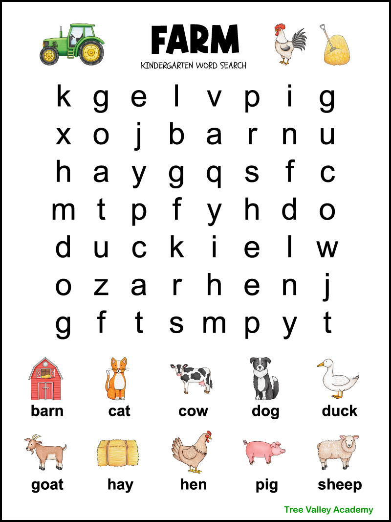 Kindergarten Farm Word Search - Tree Valley Academy with Kindergarten Word Search Free Printable