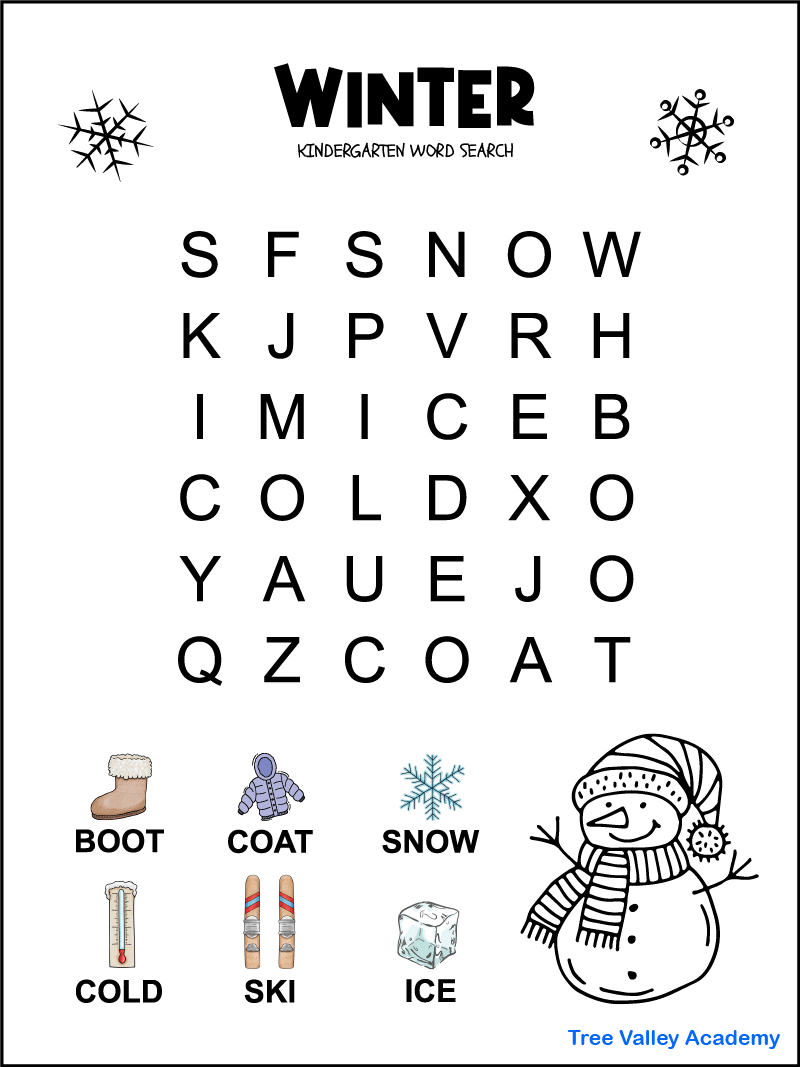 Kindergarten Winter Word Search - Tree Valley Academy with Word Search Puzzles For Kindergarten Free Printable