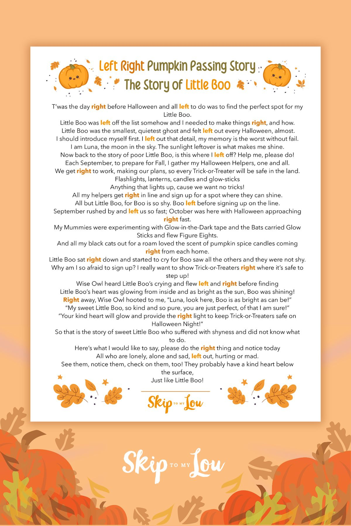 Left Right Pumpkin Passing Game | Skip To My Lou in Halloween Left Right Game Free Printable