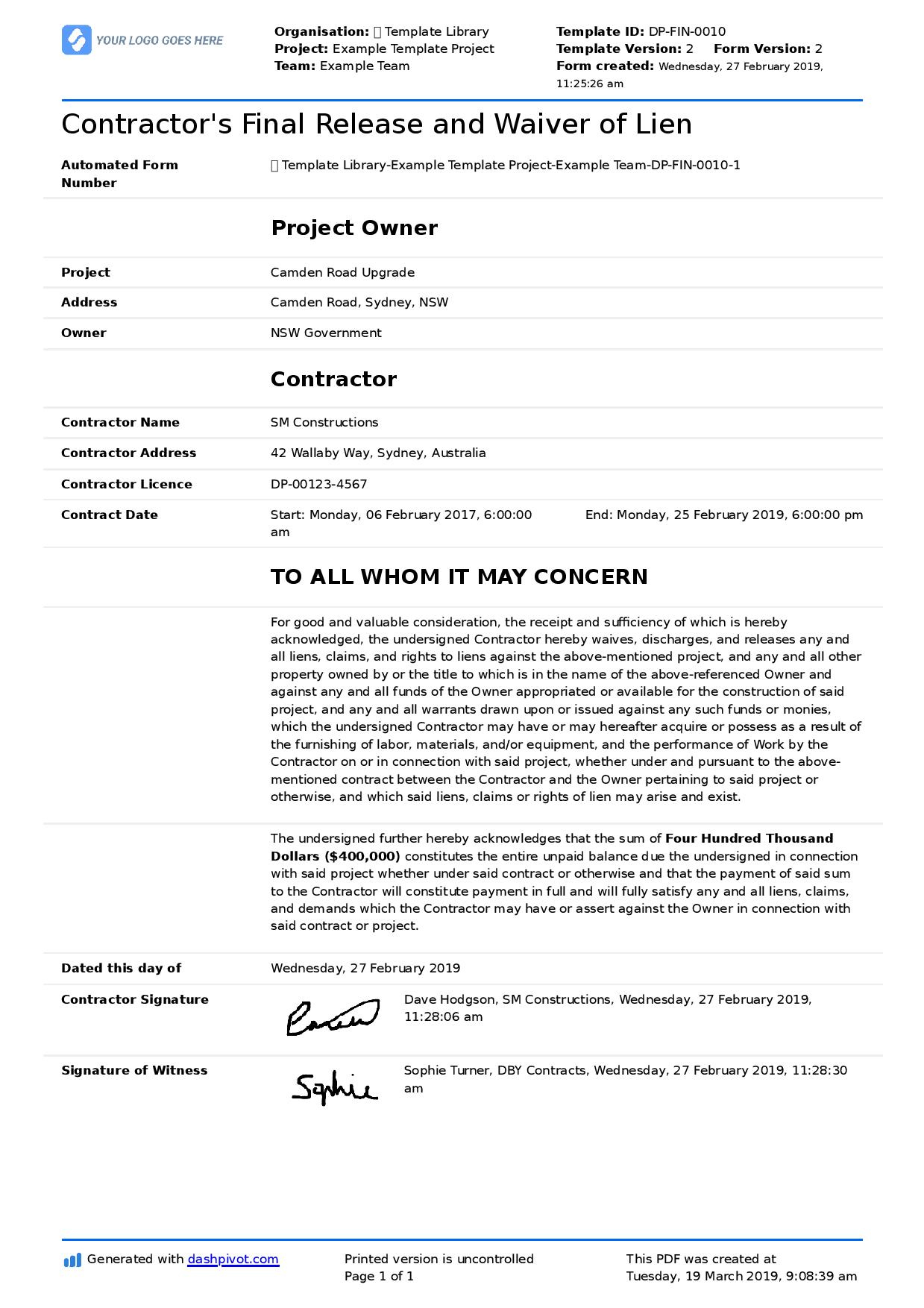 Lien Waiver Form Contractor: A Free Lien Waiver Form For Contractors pertaining to Contractor Printable Lien Waiver Form