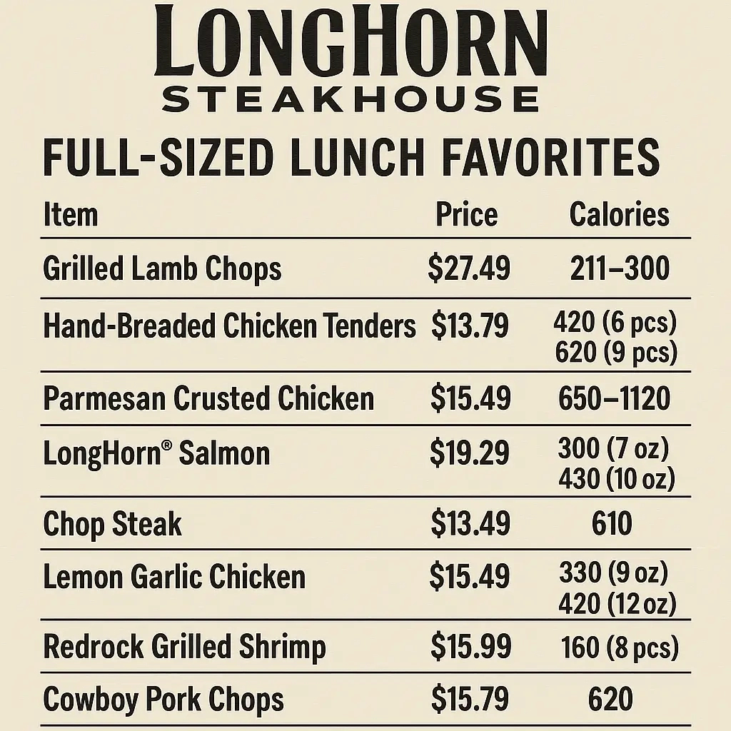 Longhorn Steakhouse Menu Prices 2025 inside Printable Longhorn Lunch Menu with Prices