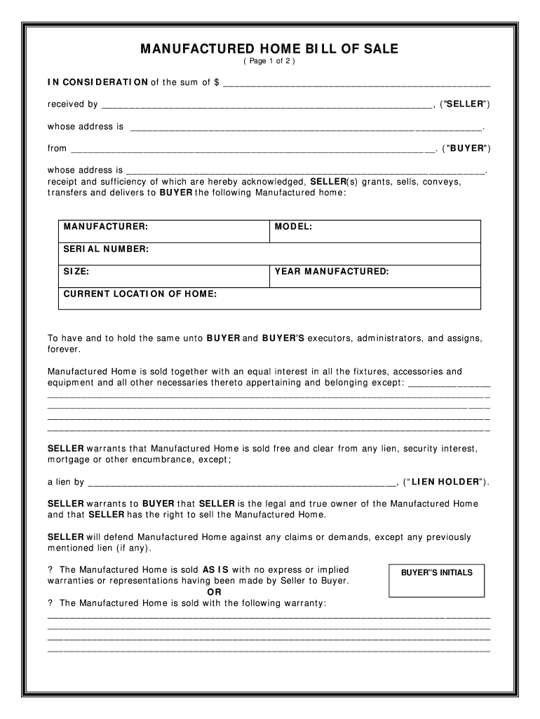 Manufactured Home Bill Of Sale Form - Fill Online, Printable pertaining to Printable Mobile Home Bill of Sale