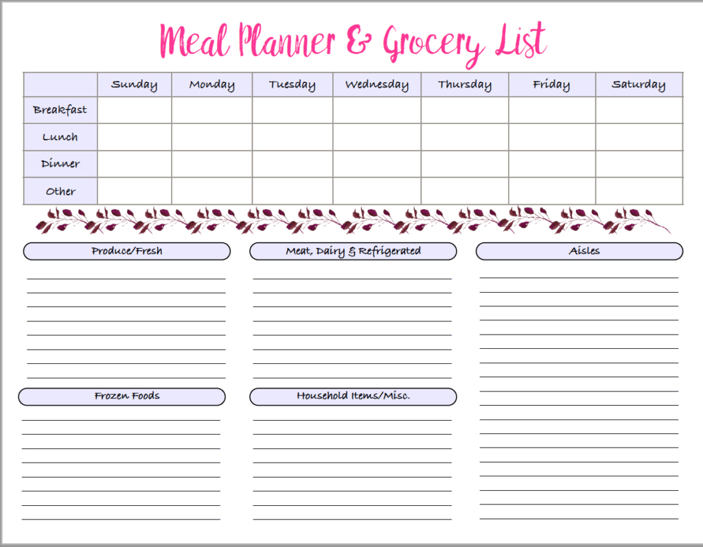 Menu & Grocery Printables with Meal Planner with Grocery List Printable