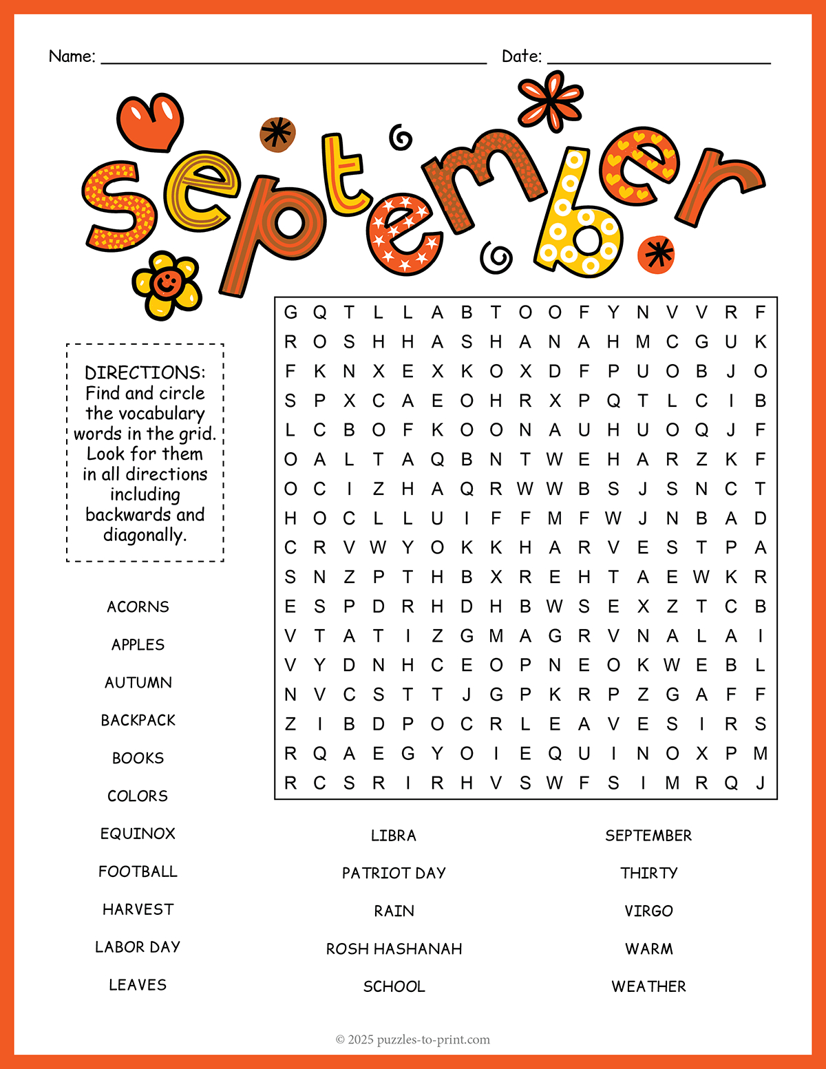 Month Of September Word Search with regard to Free Printable September Word Search