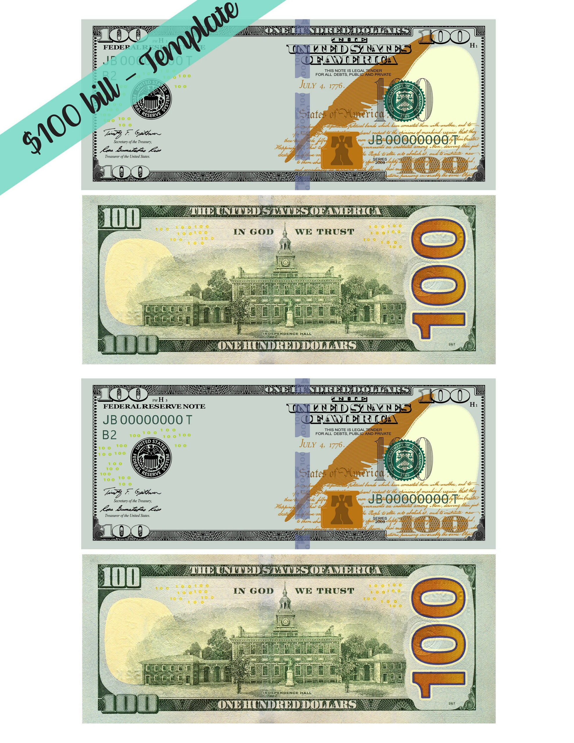 New 100 Dollar Bill Template - Letter Page With 4 Real Size Dollar throughout Printable 100 Dollar Bill Front and Back