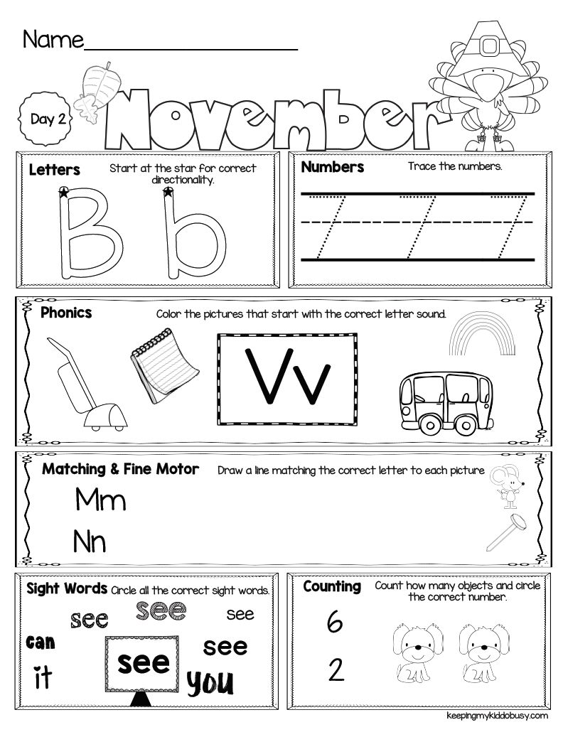 November Seat Work For Kindergarten - Free Week — Keeping My Kiddo with Kindergarten Morning Work Free Printable
