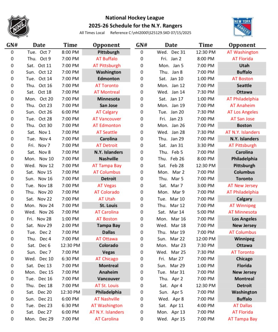 Nyr 2025-26 Season Schedule: regarding New York Rangers Printable Schedule