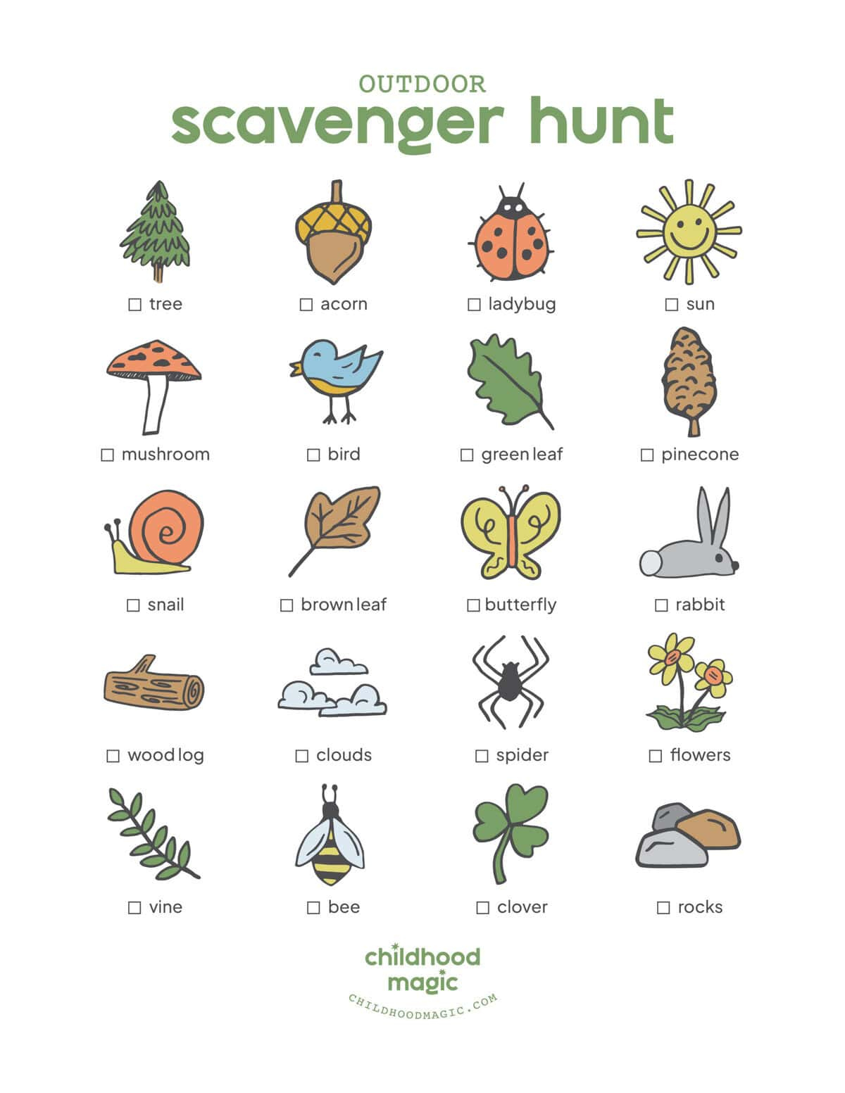 Outdoor Scavenger Hunt (Free Printable!) - Childhood Magic within Free Printable Scavenger Hunt