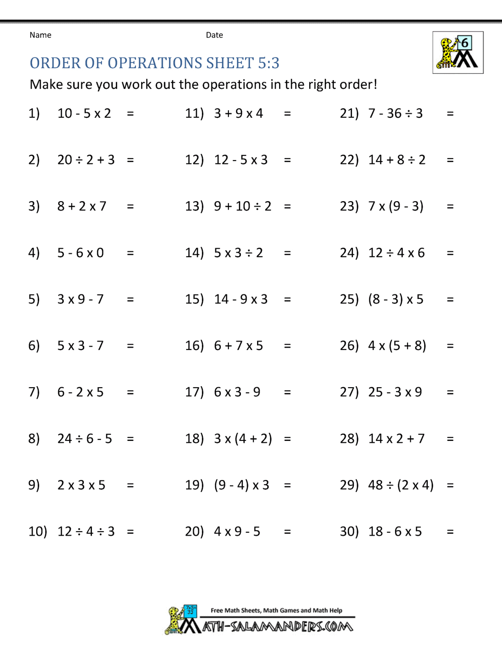 Pemdas Problems Worksheets 5Th Grade pertaining to Free Printable Order of Operations Worksheets