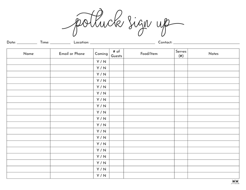 Potluck Sign Up Sheets - 74 Free Sheets | Printabulls in Printable Potluck Sign Up Sheet