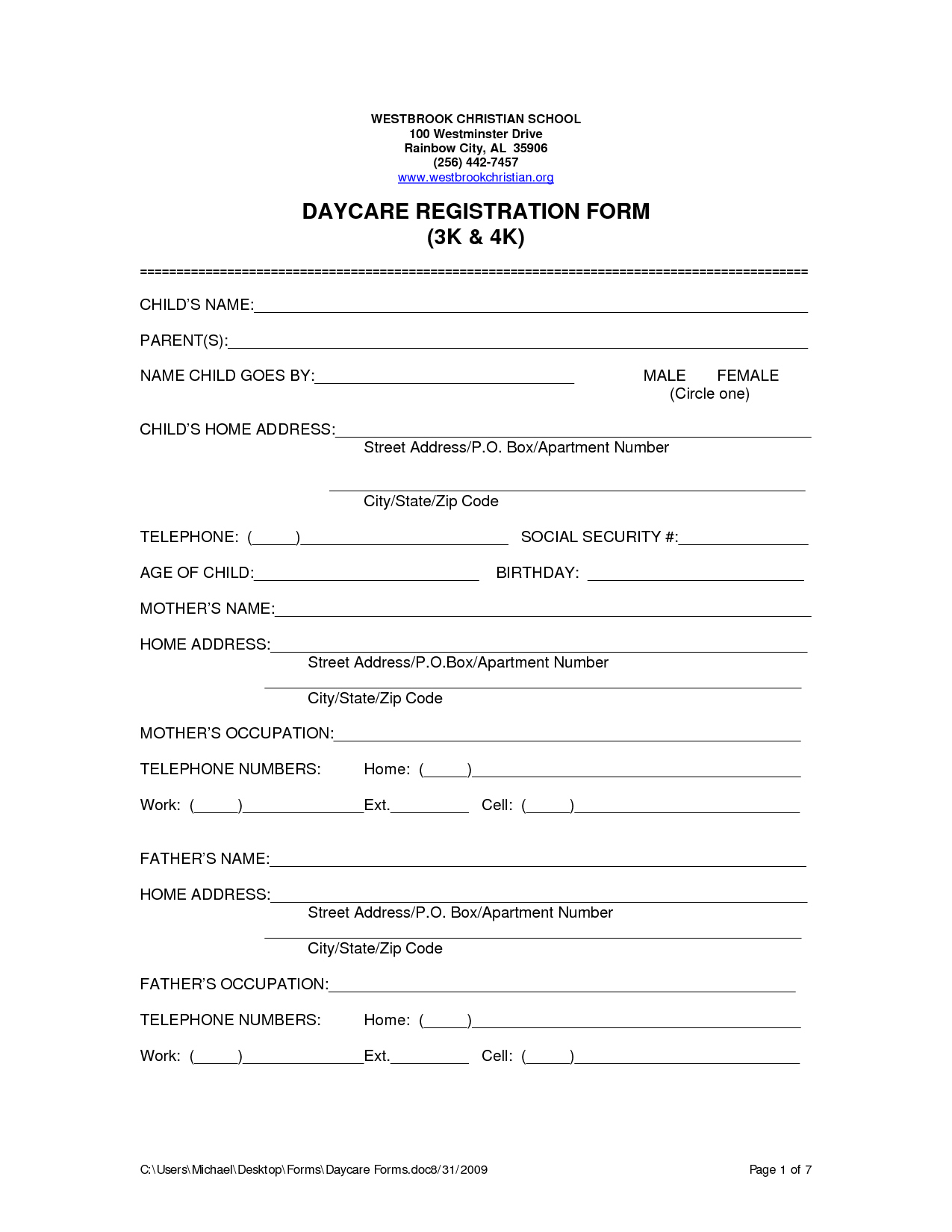 Printable Daycare Application Form For Parents - Printable Party throughout Free Printable Daycare Enrollment Forms