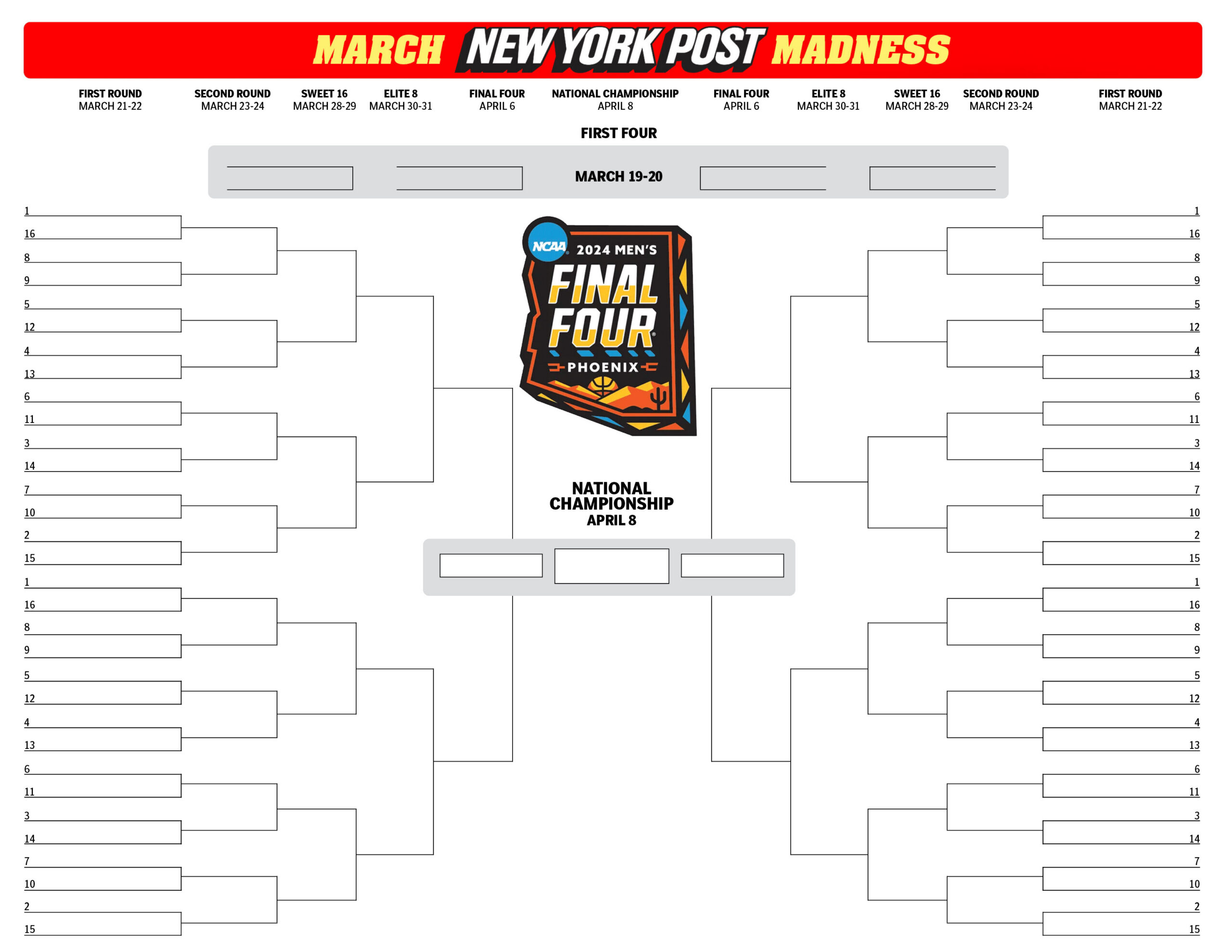 Printable Ncaa Bracket: Full 2024 March Madness Field | New York Post throughout Blank Printable Brackets March Madness