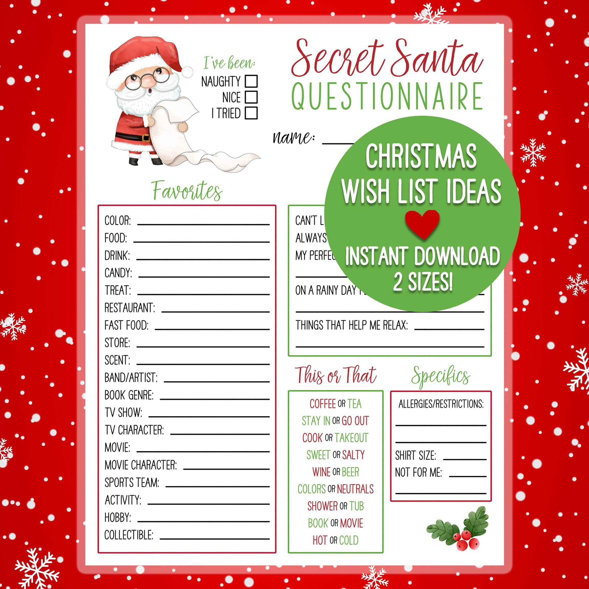 Printable Secret Santa Christmas Wish List | Holiday Gift Exchange in Free Printable Secret Santa Wishlist