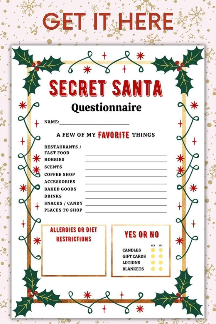 Printable Secret Santa Questionnaire For Coworkers For Gift in Free Printable Secret Santa Wish List For Coworkers