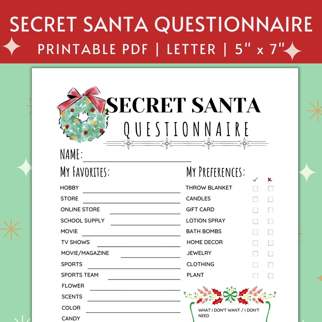 Printable Secret Santa Questionnaire For Work Or Family Holiday intended for Free Printable Secret Santa Wish List For Coworkers