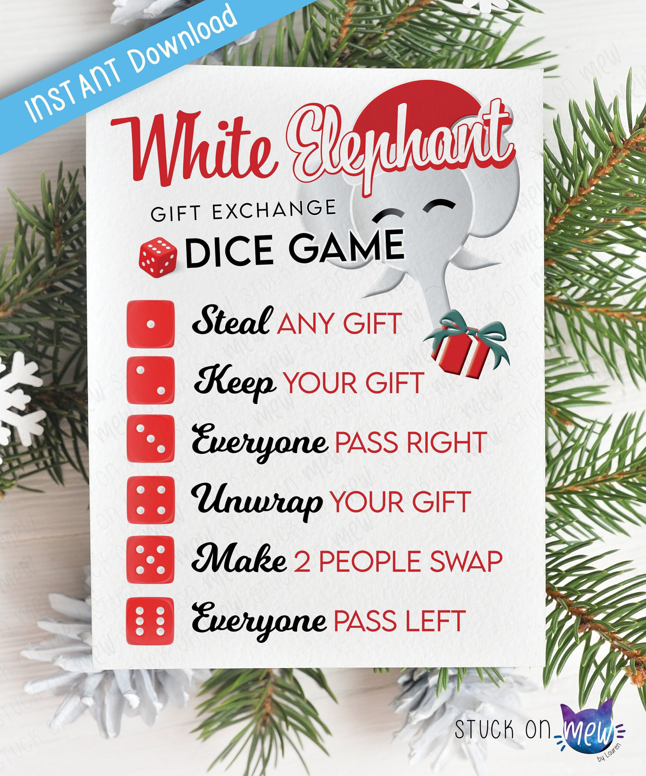 Printable White Elephant Dice Game Gift Exchange Rules, Secret in White Elephant Dice Game Rules Printable